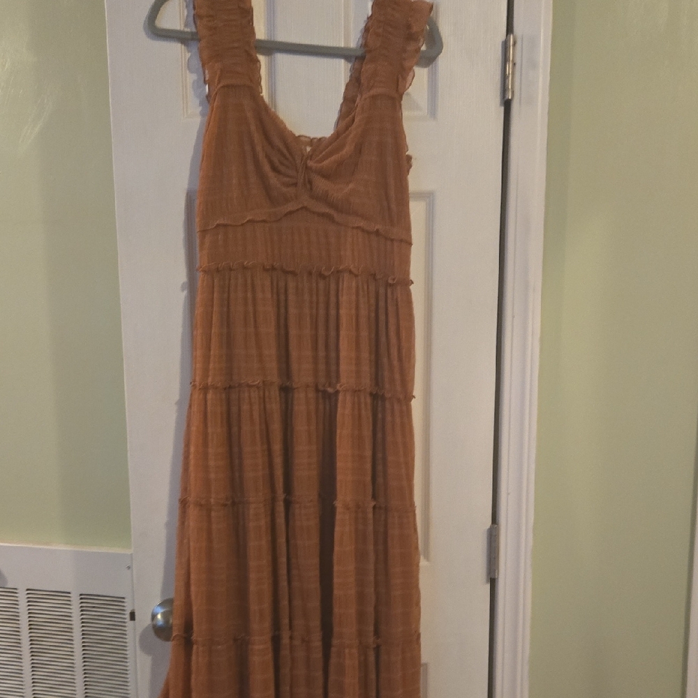 Max Studio Brown Pleated Ruched Maxi Sundress